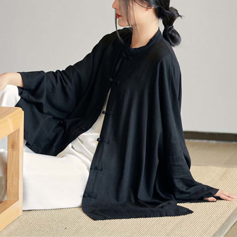 Chemise à boutons de grenouille unie avec Buddha Stones Haut de méditation Zen Tai Chi Vêtements Veste en coton et lin - Noir (Tour de poitrine 150 cm) (Haut uniquement) - image 21