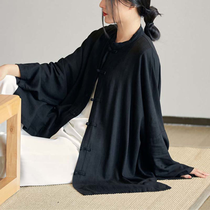 Chemise à boutons de grenouille unie avec Buddha Stones Haut de méditation Zen Tai Chi Vêtements Veste en coton et lin - Noir (Tour de poitrine 150 cm) (Haut uniquement) - image 21