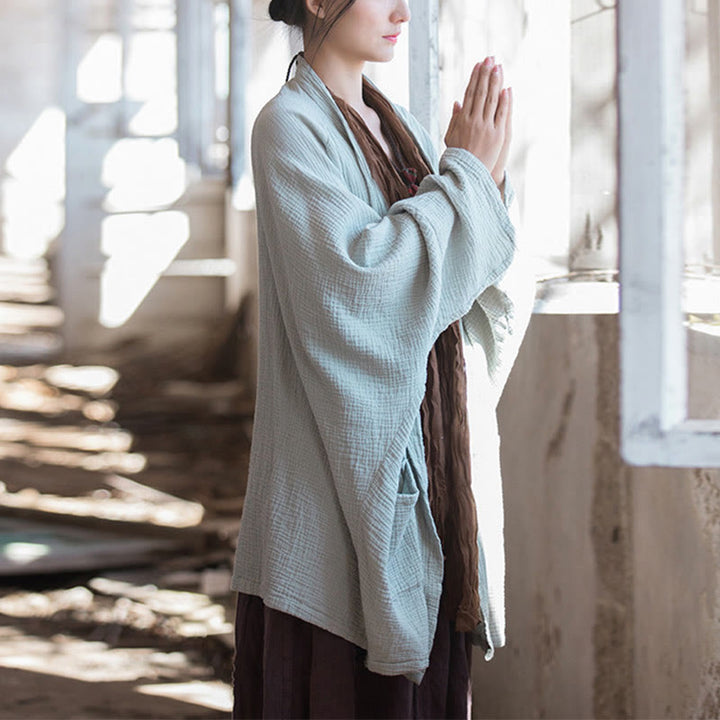 Manteau à manches longues uni avec Buddha Stones , veste en coton à haut ouvert sur le devant pour méditation zen - Vert (Tour de poitrine 192 cm) (Haut uniquement) - image 0