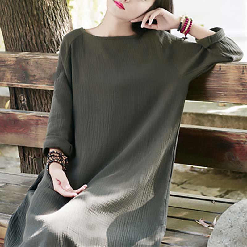 Robe mi-longue simple en coton et lin avec poches Motif Buddha Stones - image 7