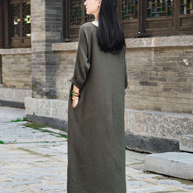 Robe mi-longue simple en coton et lin avec poches Motif Buddha Stones - image 2