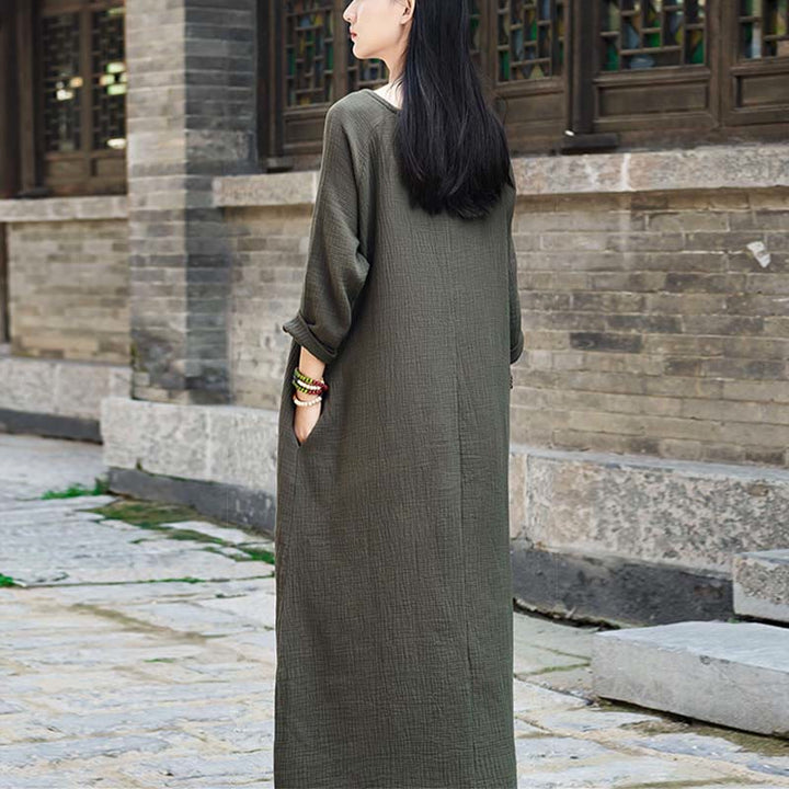 Robe mi-longue simple en coton et lin avec poches Motif Buddha Stones - image 2