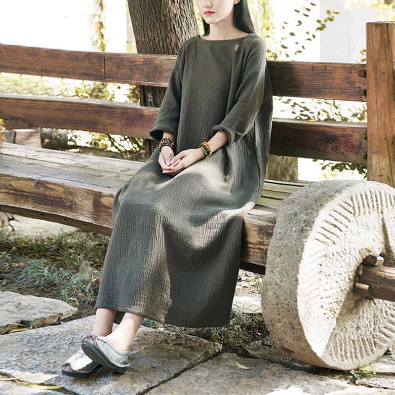 Robe mi-longue simple en coton et lin avec poches Motif Buddha Stones - image 1