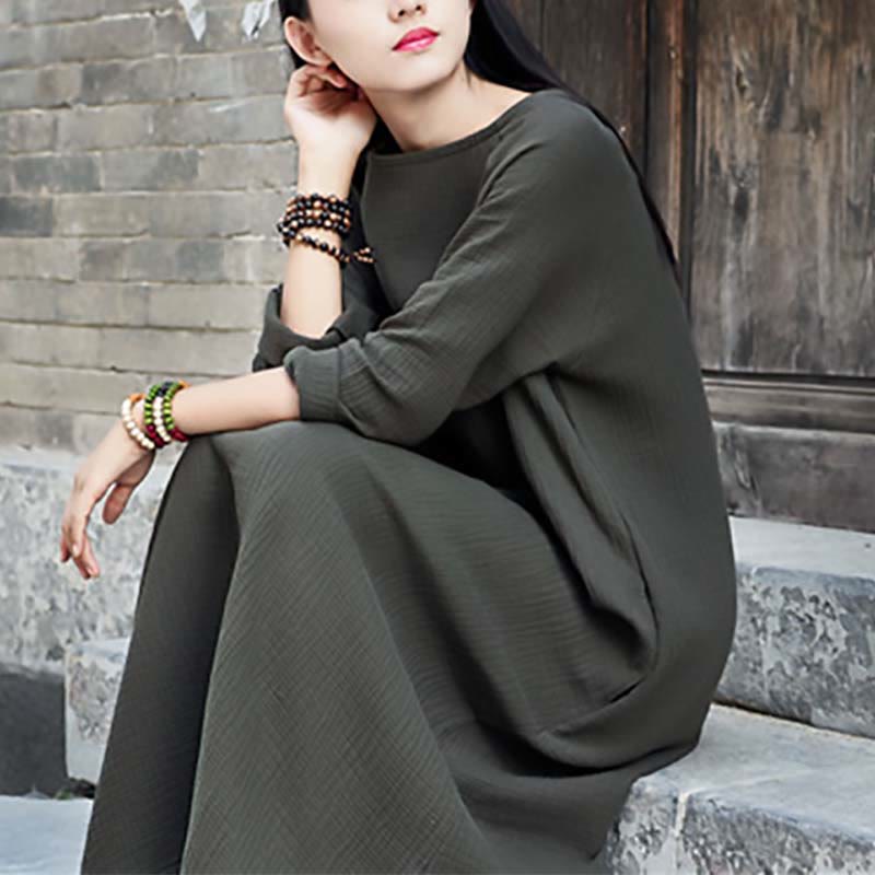 Robe mi-longue simple en coton et lin avec poches Motif Buddha Stones - image 6