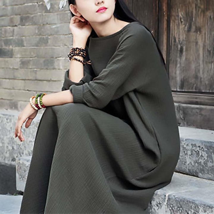 Robe mi-longue simple en coton et lin avec poches Motif Buddha Stones - image 6