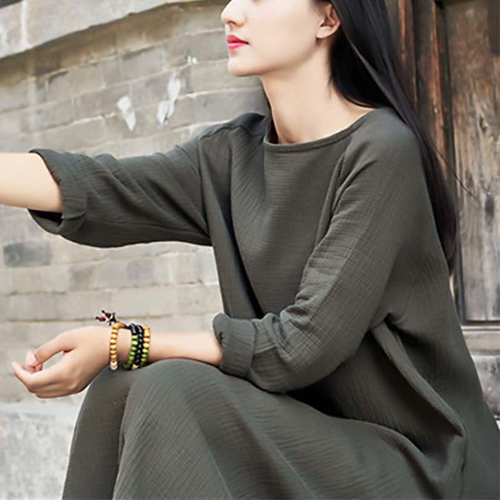 Robe mi-longue simple en coton et lin avec poches Motif Buddha Stones - image 4