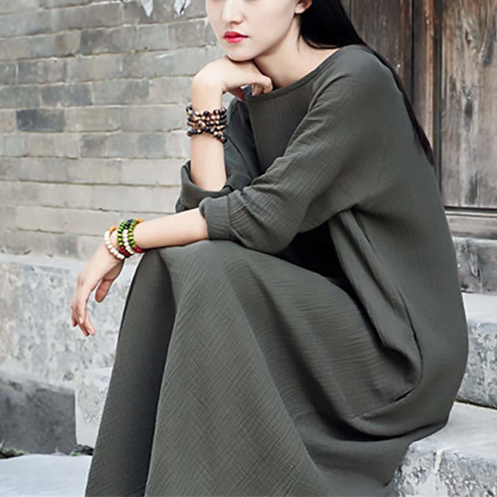 Robe mi-longue simple en coton et lin avec poches Motif Buddha Stones - image 5