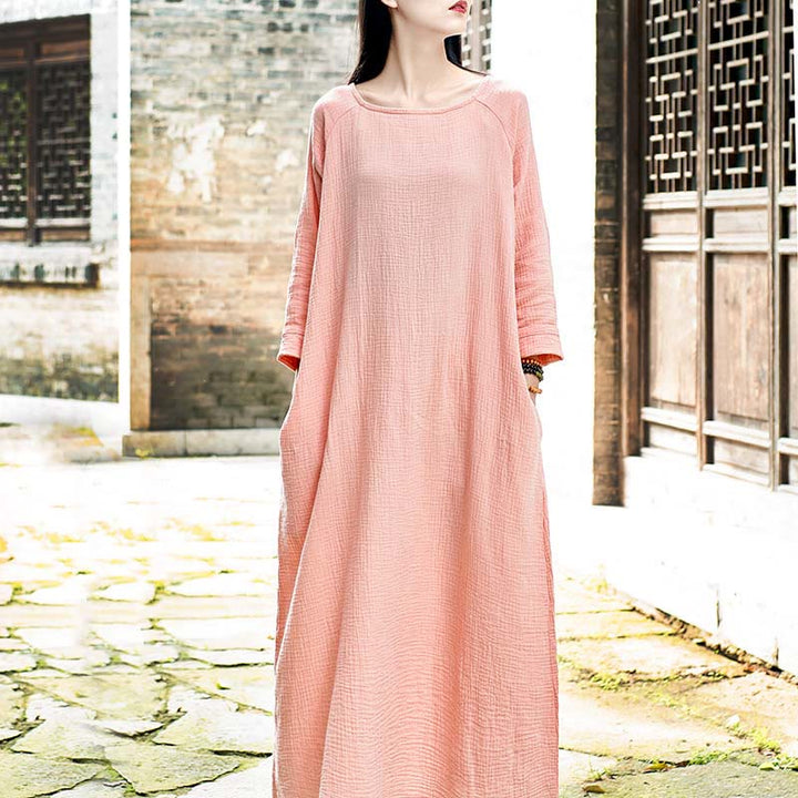 Robe mi-longue simple en coton et lin avec poches Motif Buddha Stones - Rose (buste 114 cm/longueur 120 cm) (robe uniquement) - image 9