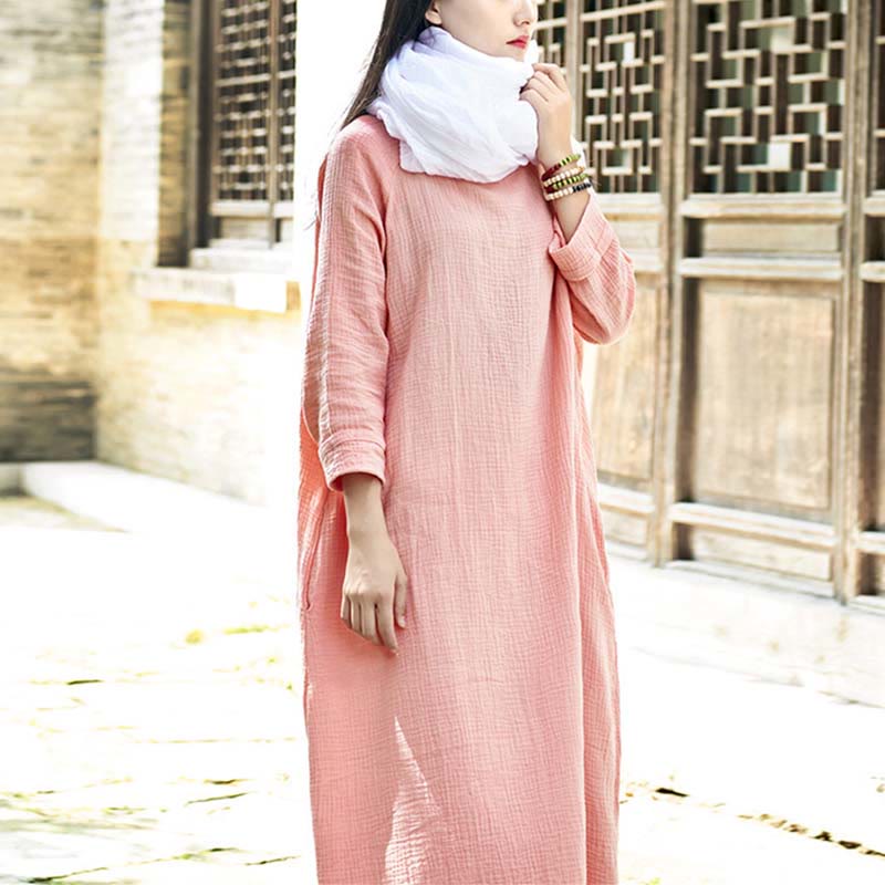 Robe mi-longue simple en coton et lin avec poches Motif Buddha Stones - image 11