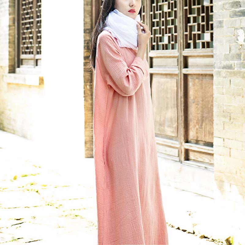 Robe mi-longue simple en coton et lin avec poches Motif Buddha Stones - image 12