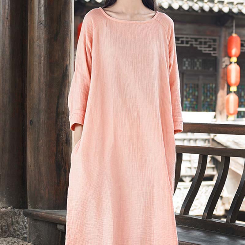 Robe mi-longue simple en coton et lin avec poches Motif Buddha Stones - image 10
