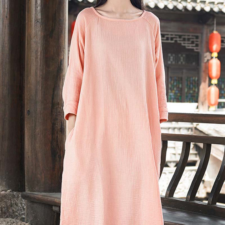 Robe mi-longue simple en coton et lin avec poches Motif Buddha Stones - image 10