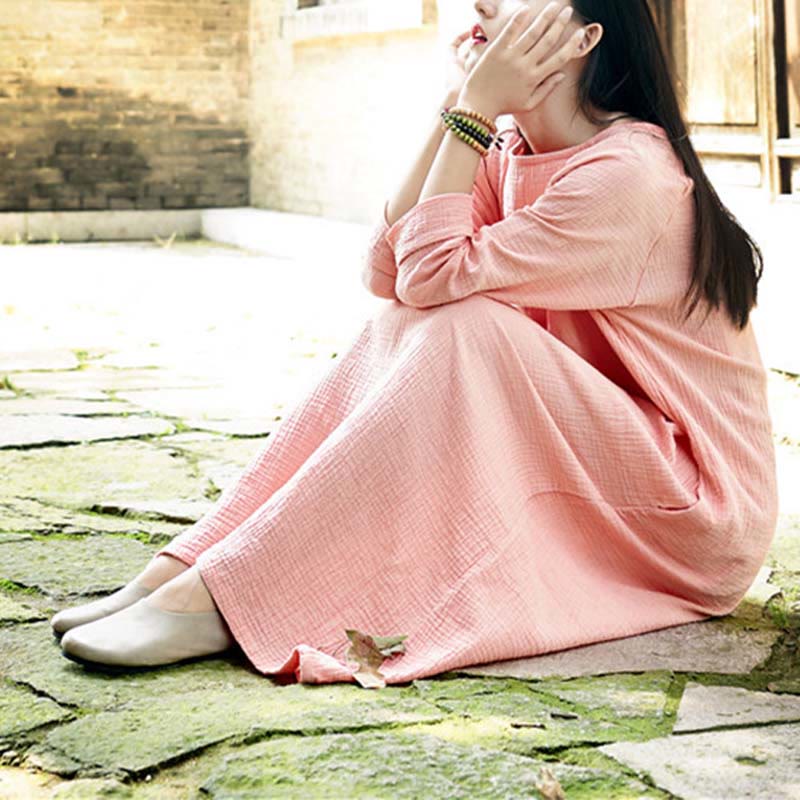 Robe mi-longue simple en coton et lin avec poches Motif Buddha Stones - image 14