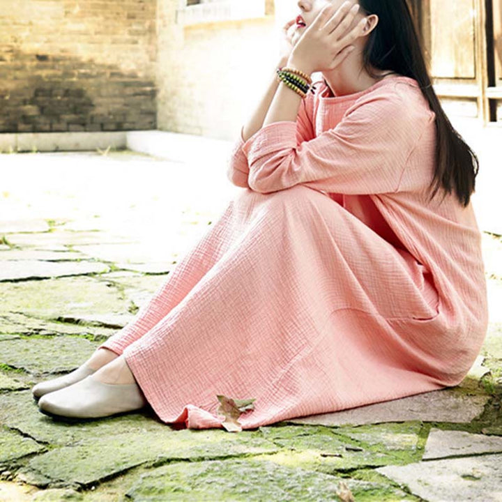 Robe mi-longue simple en coton et lin avec poches Motif Buddha Stones - image 14
