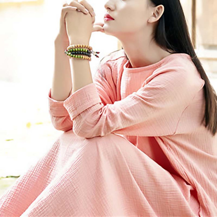 Robe mi-longue simple en coton et lin avec poches Motif Buddha Stones - image 16
