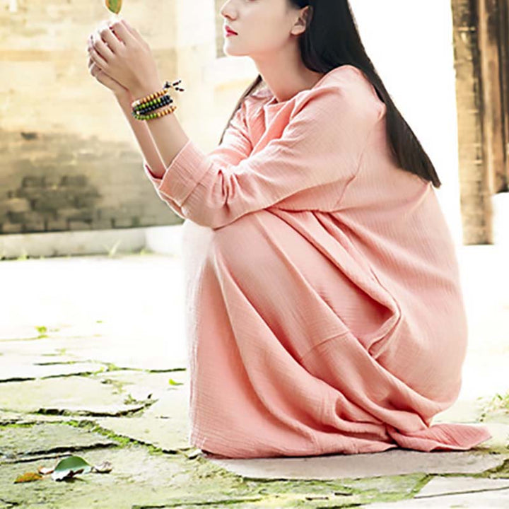 Robe mi-longue simple en coton et lin avec poches Motif Buddha Stones - image 15