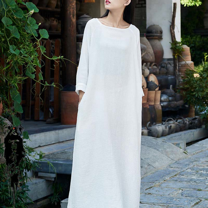 Robe mi-longue simple en coton et lin avec poches Motif Buddha Stones - Blanc (buste 114 cm/longueur 120 cm) (robe uniquement) - image 21