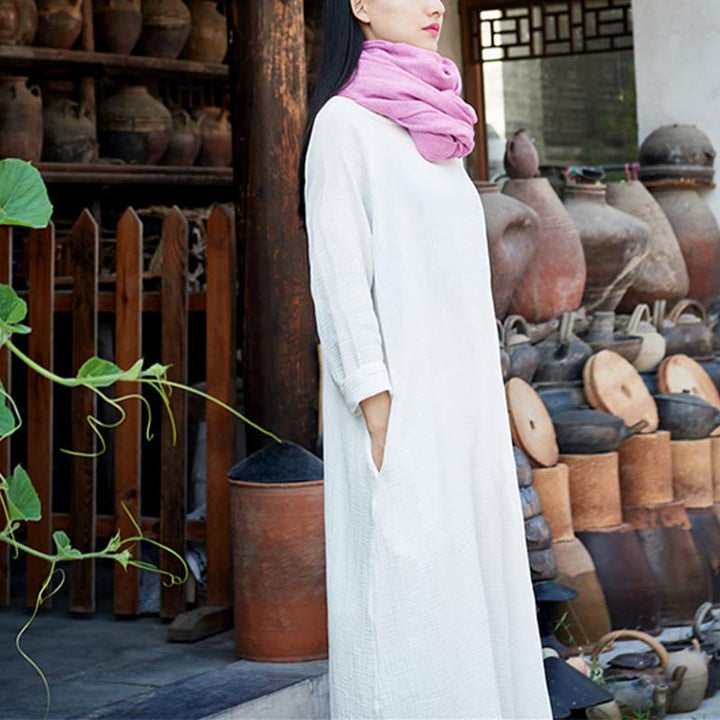 Robe mi-longue simple en coton et lin avec poches Motif Buddha Stones - image 24
