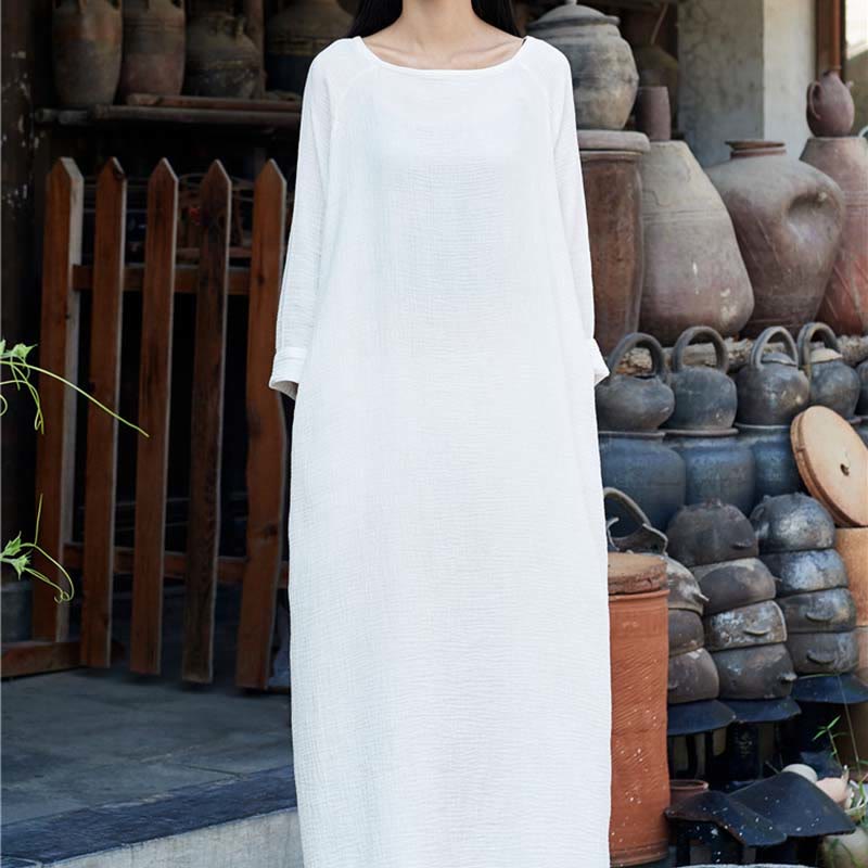 Robe mi-longue simple en coton et lin avec poches Motif Buddha Stones - image 25