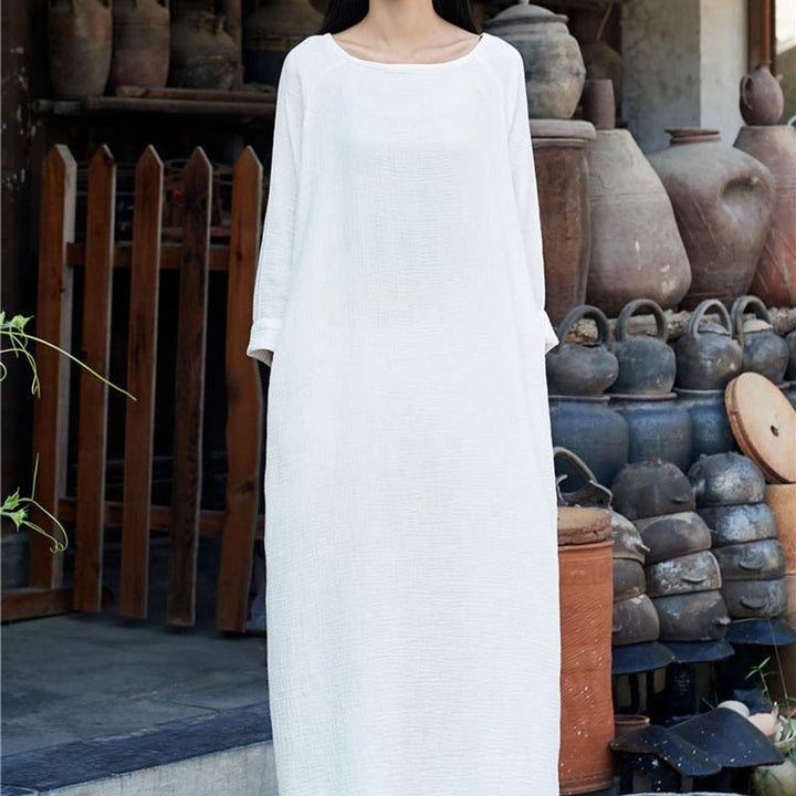 Robe mi-longue simple en coton et lin avec poches Motif Buddha Stones - image 25