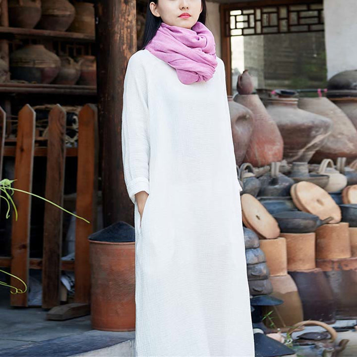 Robe mi-longue simple en coton et lin avec poches Motif Buddha Stones - image 23