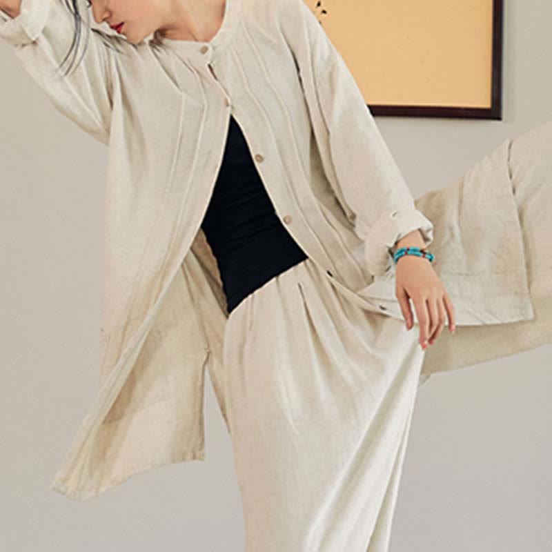 Manteau uni à manches longues avec Buddha Stones, veste, haut, pantalon large, vêtements de méditation, de yoga, de tai-chi zen - Beige - Manteau seulement - US4-12, UK/AU8-16, EU36-44 (F) - image 1