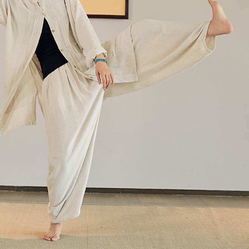 Manteau uni à manches longues avec Buddha Stones, veste, haut, pantalon large, vêtements de méditation, de yoga, de tai-chi zen - Beige - Pantalons seulement - US4-12, UK/AU8-16, EU36-44 (F) - image 2
