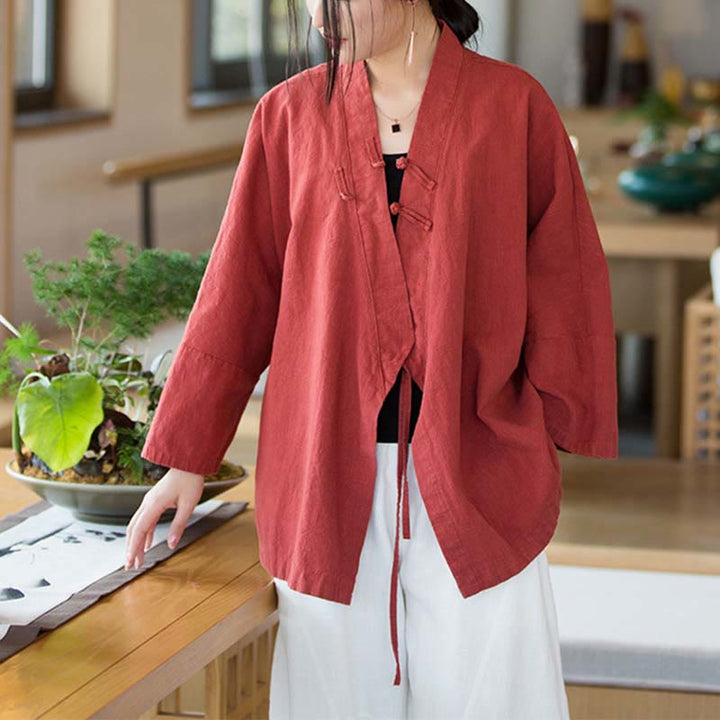 Manteau à manches longues avec boutons en forme de grenouille et Buddha Stones , veste ouverte sur le devant pour méditation zen - Rouge, US0-8/10, UK/AU4-12/14, EU32-40/42 (F) - image 0