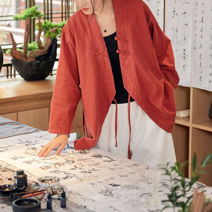 Manteau à manches longues avec boutons en forme de grenouille et Buddha Stones , veste ouverte sur le devant pour méditation zen