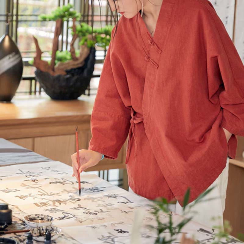 Manteau Hanfu à manches longues, motif Buddha Stones et boutons grenouille, veste ouverte sur le devant, idéale pour la méditation zen - image 6