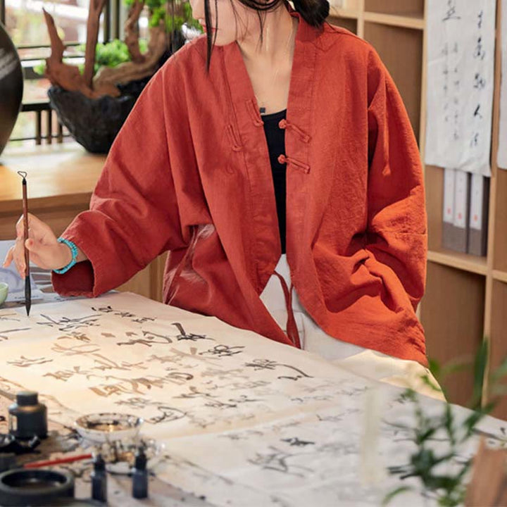 Manteau Hanfu à manches longues, motif Buddha Stones et boutons grenouille, veste ouverte sur le devant, idéale pour la méditation zen - image 2