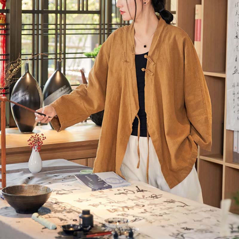 Manteau Hanfu à manches longues, motif Buddha Stones et boutons grenouille, veste ouverte sur le devant, idéale pour la méditation zen - image 9