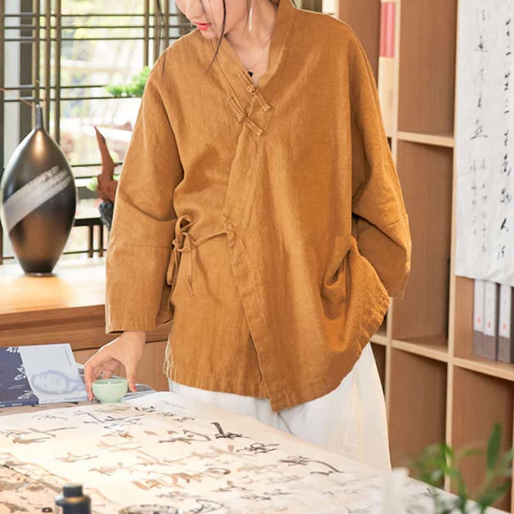 Manteau Hanfu à manches longues, motif Buddha Stones et boutons grenouille, veste ouverte sur le devant, idéale pour la méditation zen - image 10