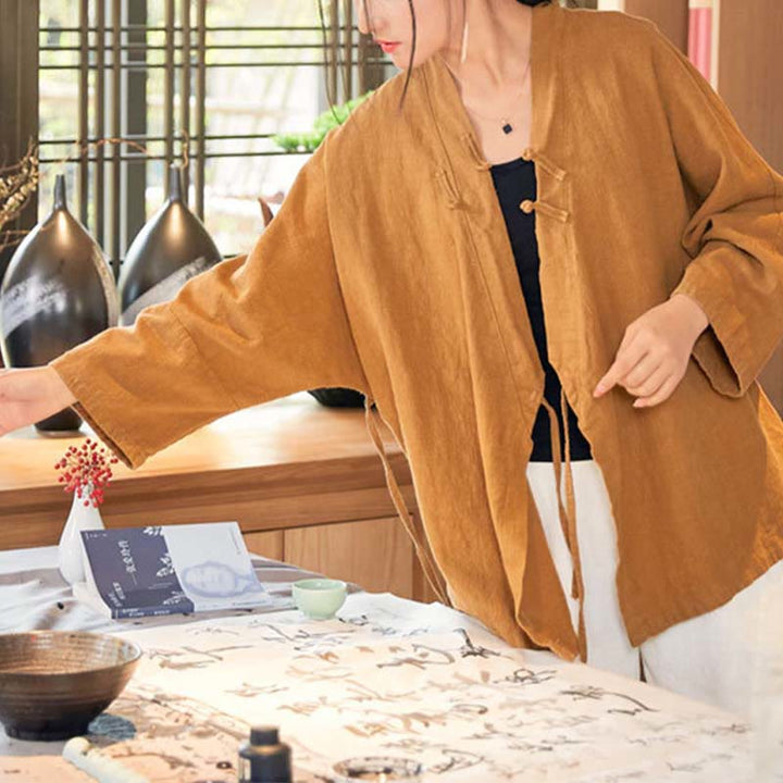 Manteau Hanfu à manches longues, motif Buddha Stones et boutons grenouille, veste ouverte sur le devant, idéale pour la méditation zen - image 13