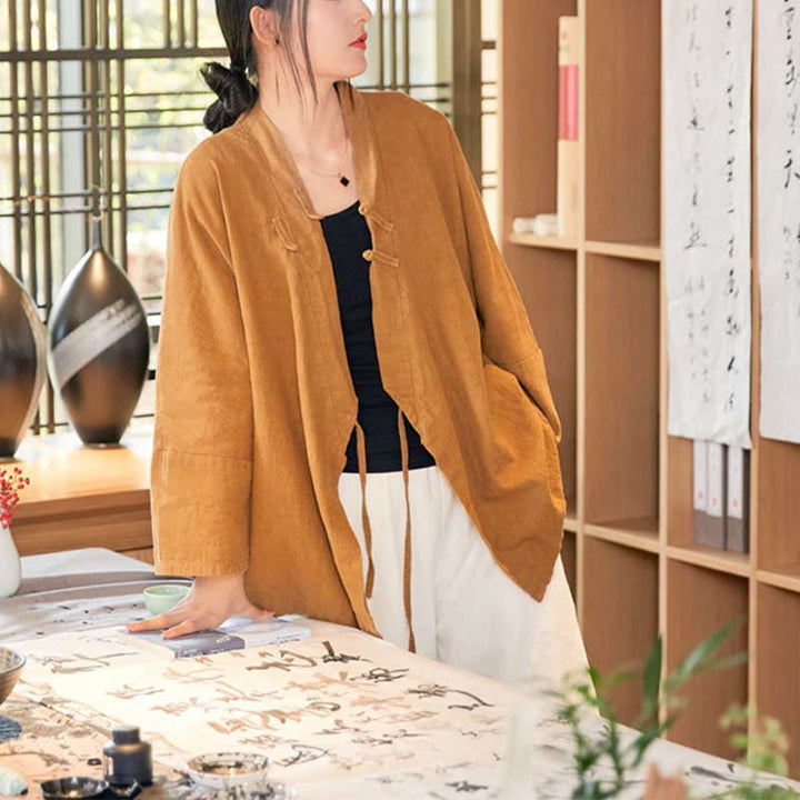 Manteau Hanfu à manches longues, motif Buddha Stones et boutons grenouille, veste ouverte sur le devant, idéale pour la méditation zen - image 12