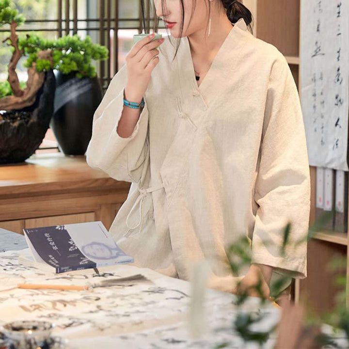 Manteau à manches longues avec boutons en forme de grenouille et Buddha Stones , veste ouverte sur le devant pour méditation zen - Beige, US 0-8/10, UK/AU 4-12/14, EU 32-40/42 (F) - image 16