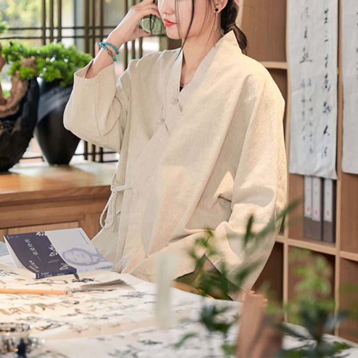 Manteau Hanfu à manches longues, motif Buddha Stones et boutons grenouille, veste ouverte sur le devant, idéale pour la méditation zen - image 20
