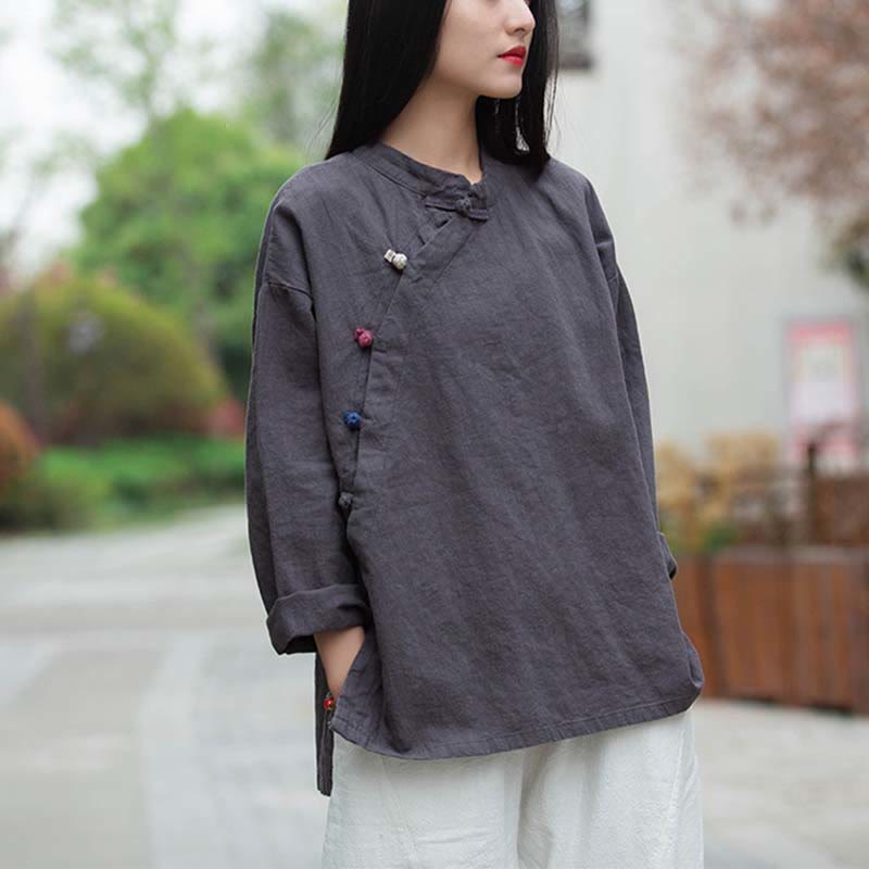 Chemisier en lin ramie avec Buddha Stones pour femme, haut de chemise, vêtements de style Hanfu chinois - Gris (buste 120 cm) (haut uniquement) - image 0