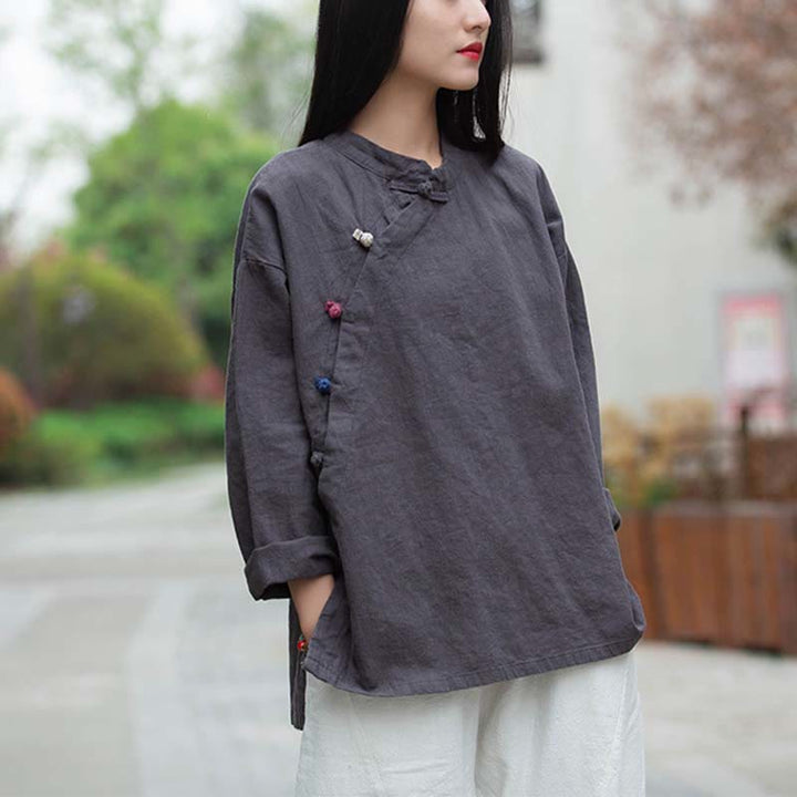 Chemisier en lin ramie avec Buddha Stones pour femme, haut de chemise, vêtements de style Hanfu chinois - Gris (Tour de poitrine 120 cm) (Haut uniquement) - image 0