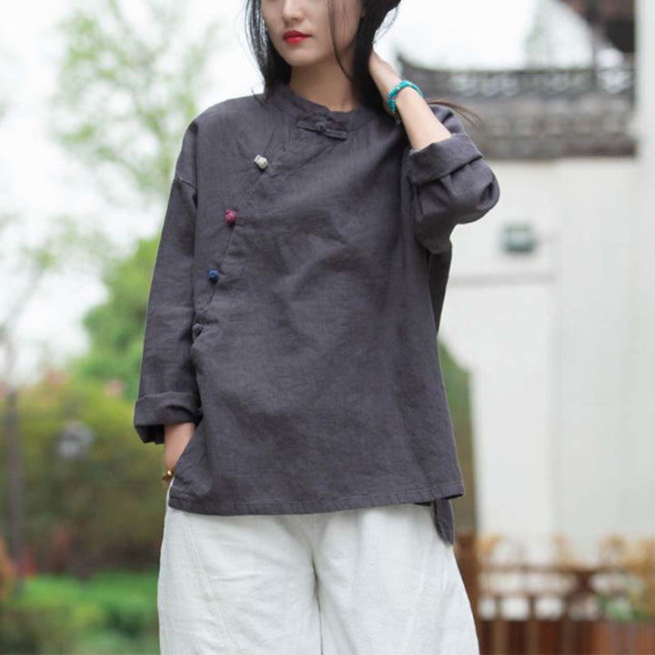 Chemisier en lin ramie avec Buddha Stones pour femme, haut de chemise, vêtements de style Hanfu chinois - image 4