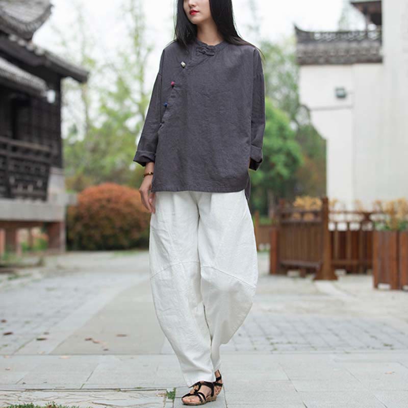 Chemisier en lin ramie avec Buddha Stones pour femme, haut de chemise, vêtements de style Hanfu chinois - image 8