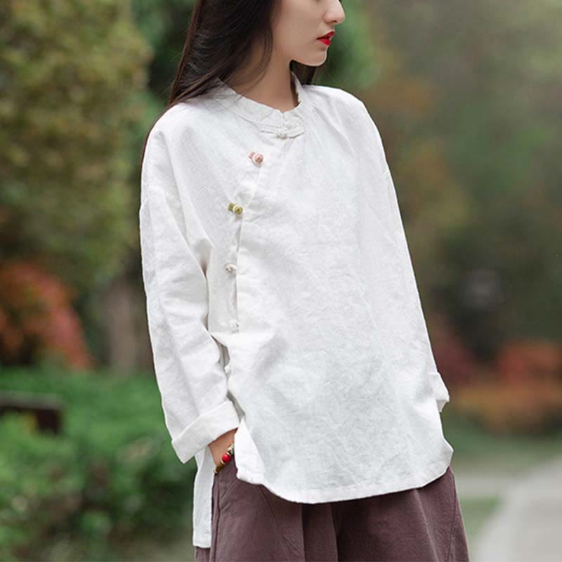 Chemisier en lin ramie avec Buddha Stones pour femme, haut de chemise, vêtements de style Hanfu chinois - Blanc (Tour de poitrine 120 cm) (Haut uniquement) - image 11