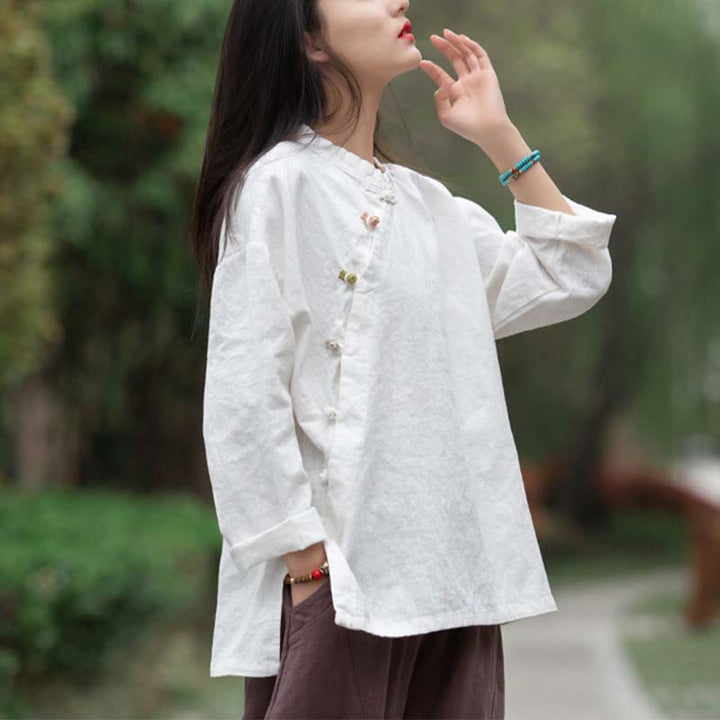 Chemisier en lin ramie avec Buddha Stones pour femme, haut de chemise, vêtements de style Hanfu chinois - image 13
