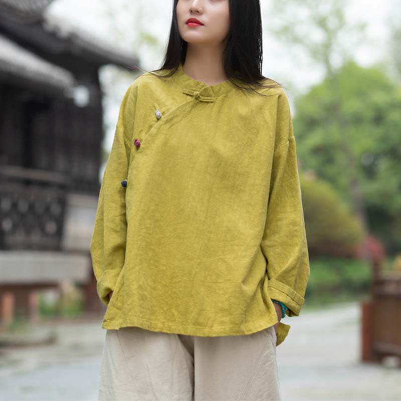 Chemisier en lin ramie avec Buddha Stones pour femme, haut de chemise, vêtements de style Hanfu chinois - Jaune (buste 120 cm) (haut uniquement) - image 25