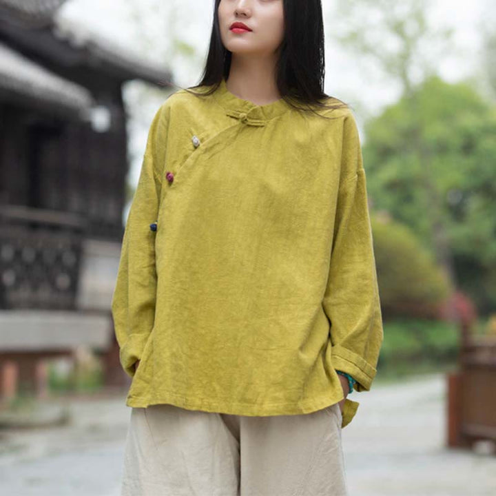 Chemisier en lin ramie avec Buddha Stones pour femme, haut de chemise, vêtements de style Hanfu chinois - Jaune (buste 120 cm) (haut uniquement) - image 25