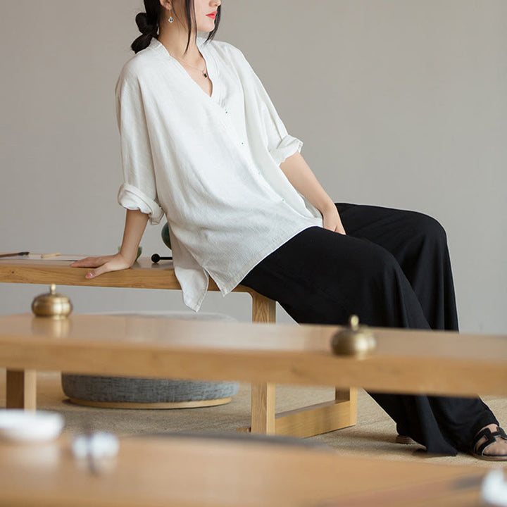 Chemisier à col en V avec Buddha Stones pour femme, haut à manches longues, vêtements de style Hanfu chinois - image 11