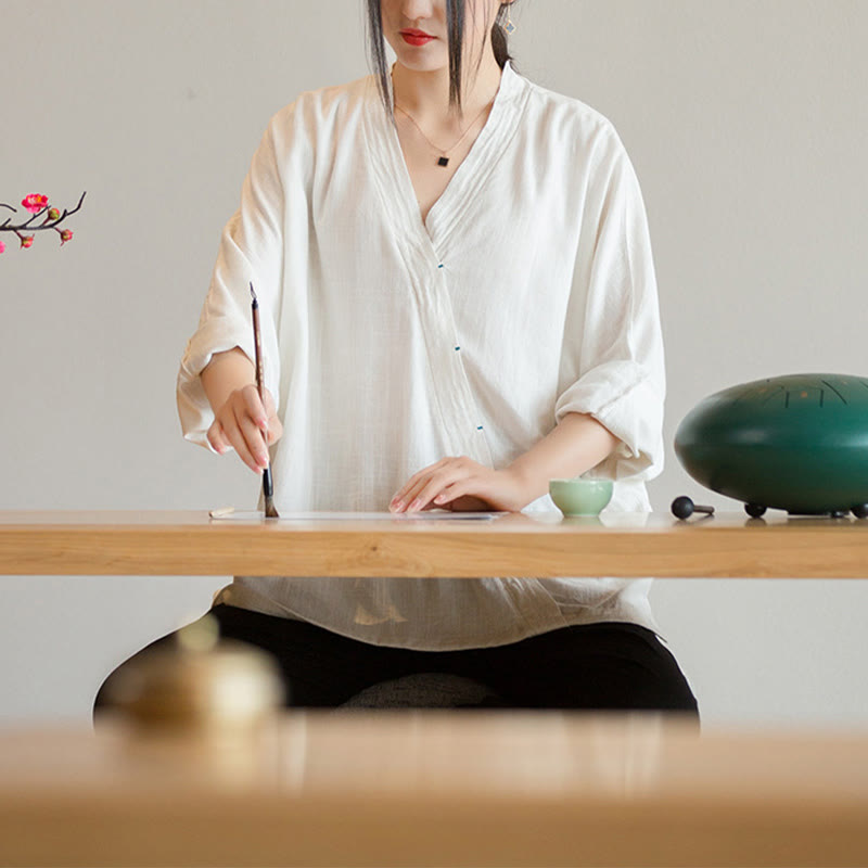 Chemisier à col en V avec Buddha Stones pour femme, haut à manches longues, vêtements de style Hanfu chinois - image 8