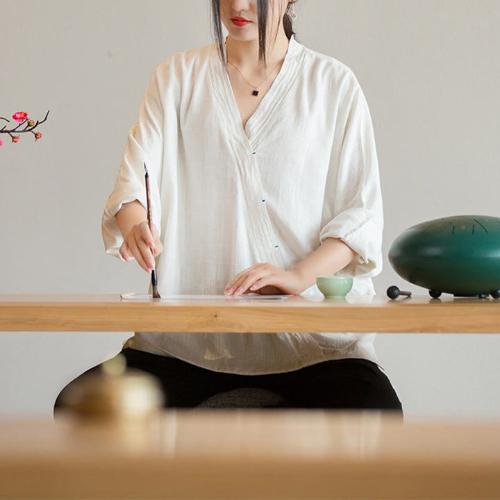 Chemisier à col en V avec Buddha Stones pour femme, haut à manches longues, vêtements de style Hanfu chinois - image 8