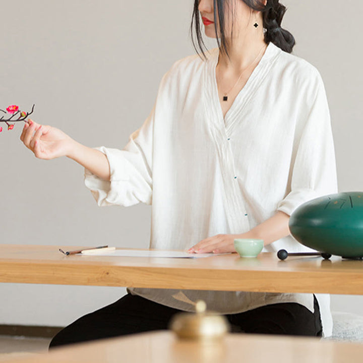 Chemisier à col en V avec Buddha Stones pour femme, haut à manches longues, vêtements de style Hanfu chinois - image 9