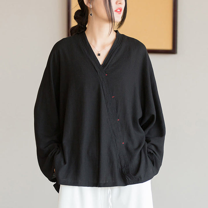 Chemisier à col en V avec Buddha Stones pour femme, haut à manches longues, vêtements de style Hanfu chinois - Noir (Tour de poitrine 128 cm) (Haut uniquement) - image 13
